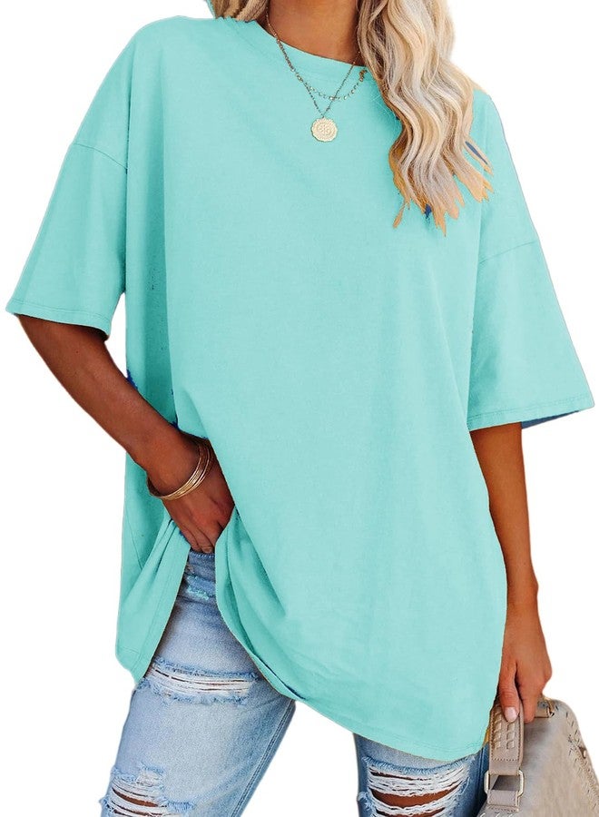YEXIPO تيشيرتات نسائية واسعة من YEXIPO، صيفية، بأكمام قصيرة، بقصة فضفاضة، بياقة دائرية، لون أخضر بحيري. - Image 1